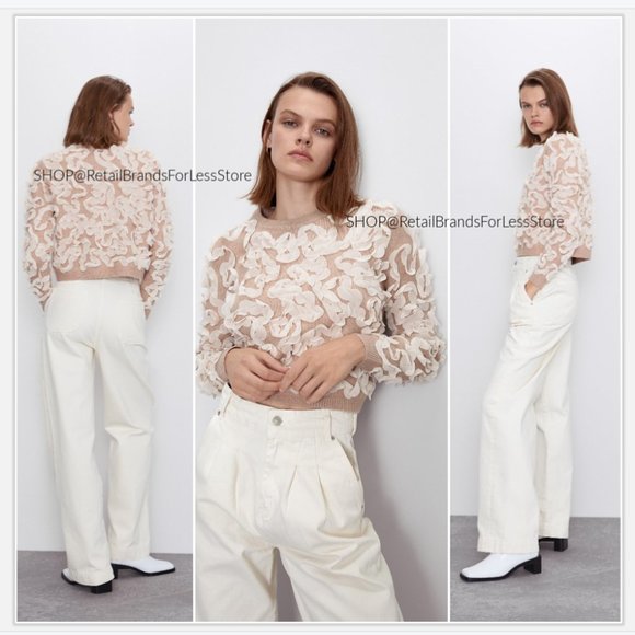 ZARA RIBBON ORGANZA CHIFFON DUSTY PINK KNIT CONTRASTING TRIM SWEATER $69.90 - Picture 8 of 14